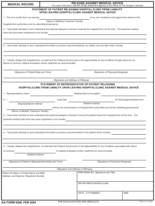 da Form 5009 fillable