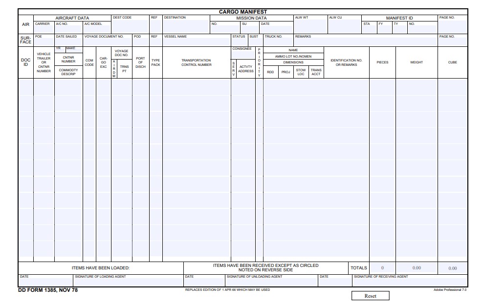 dd Form 1385 fillable