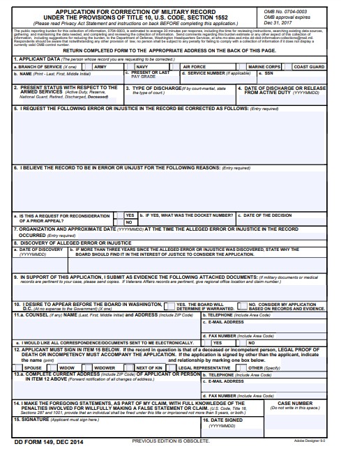 dd Form 149 fillable