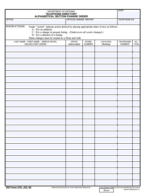 dd Form 218 fillable