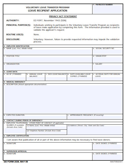 dd Form 2539 fillable