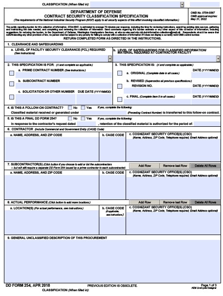 dd Form 254 fillable