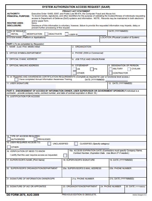 dd Form 2875 fillable