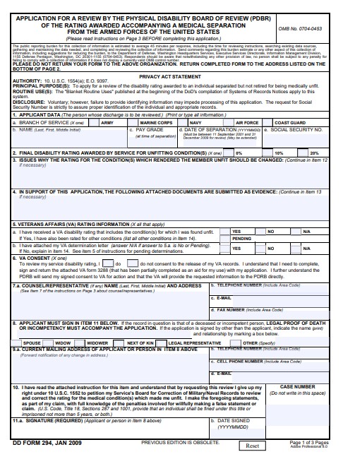 dd Form 294 fillable