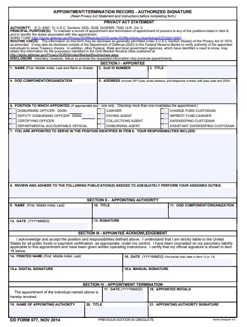 dd Form 577 fillable