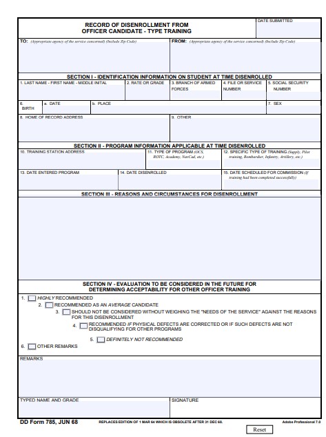 dd Form 785 fillable