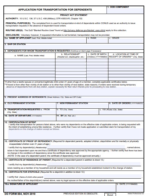 dd Form 884 fillable